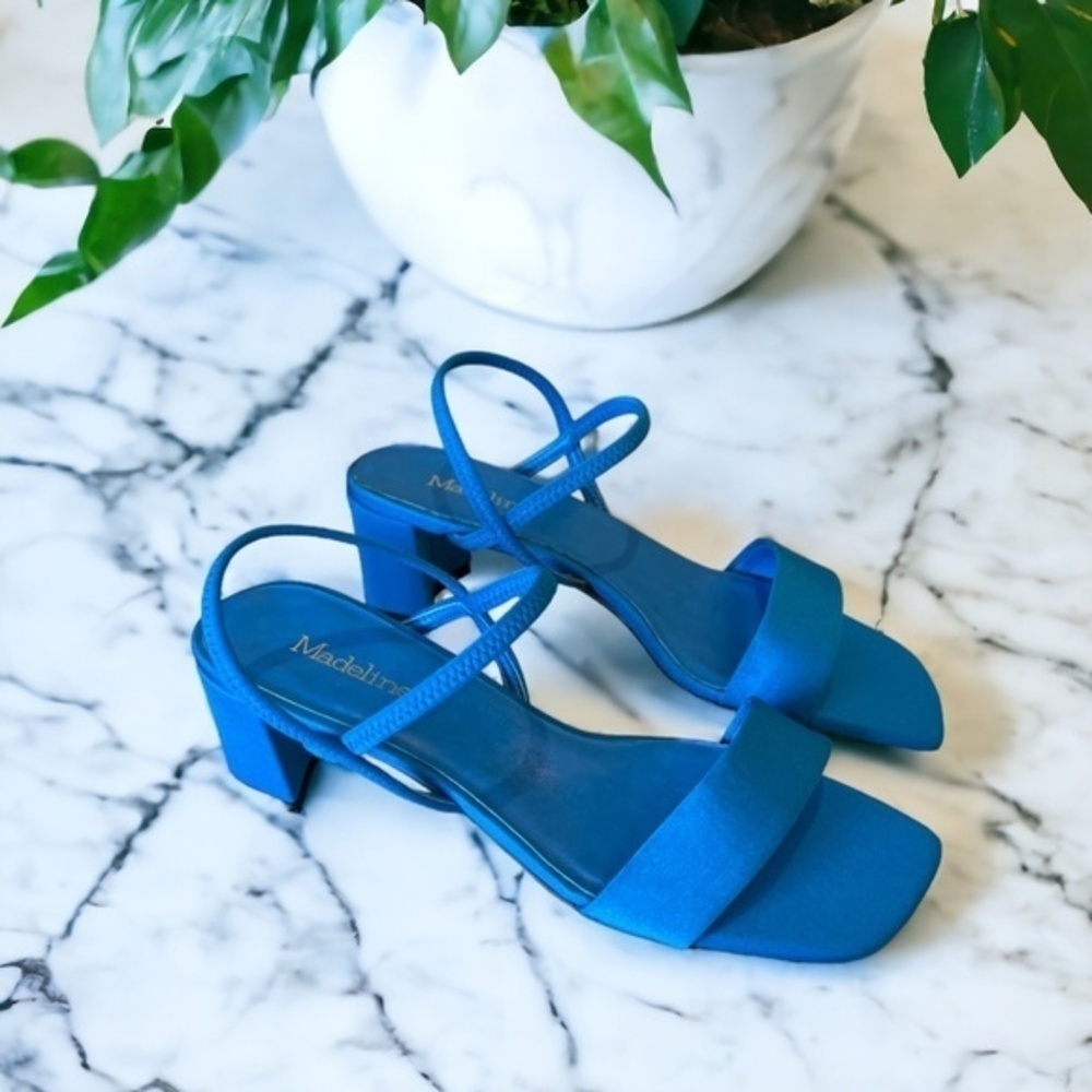 Y2K Madeline NEW Ruby Blue Satin Strappy Heels 7.5 Square Toe Block Heel - Picture 2 of 11